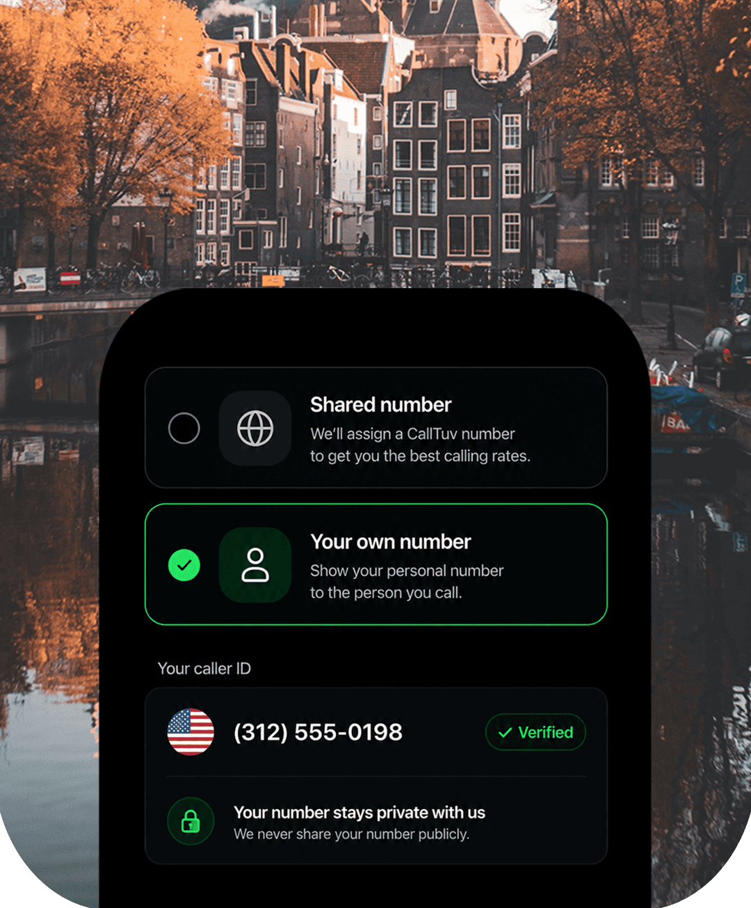 Verified caller ID settings showing how to use your own number on outbound calls